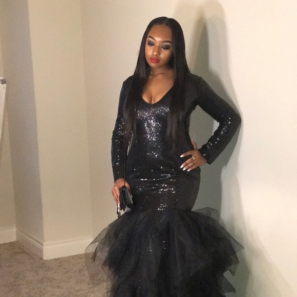 Sequins & Toulle Evening Gown -Black - Picture 1 of 7